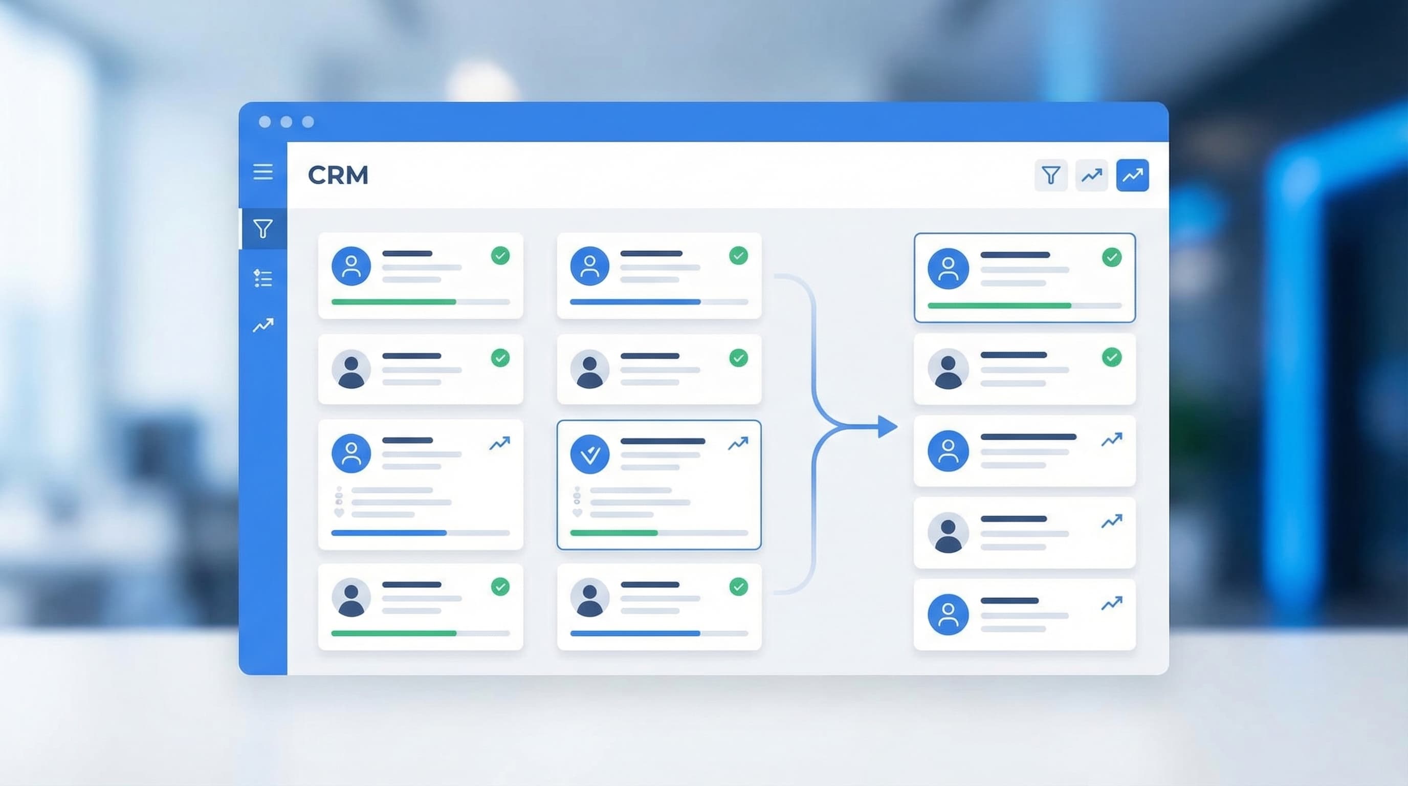 CRM database showing duplicate records being cleaned and merged