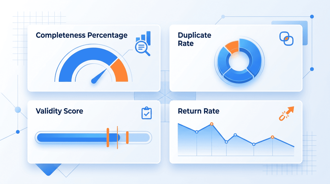 Dashboard mit sieben Kennzahlen zur Datenqualität von Adressdaten – Vollständigkeit, Dublettenrate, Rückläufer und Konsistenz