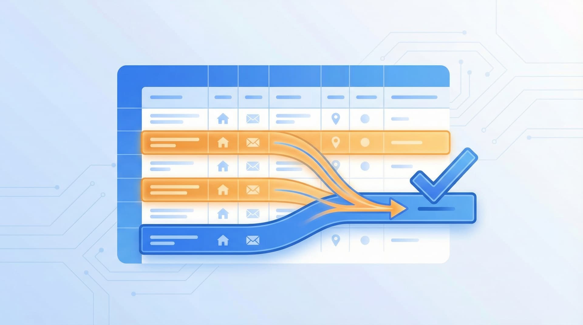 Address list with color-highlighted duplicate entries being cleaned up step by step