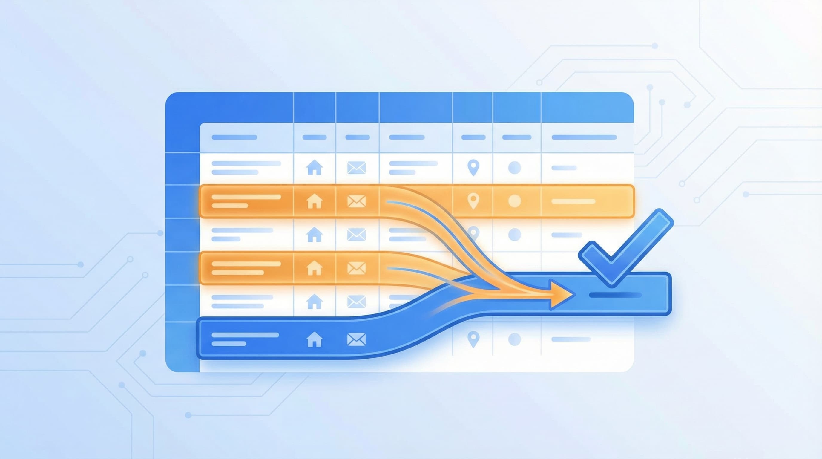 Address list with color-highlighted duplicate entries being cleaned up step by step