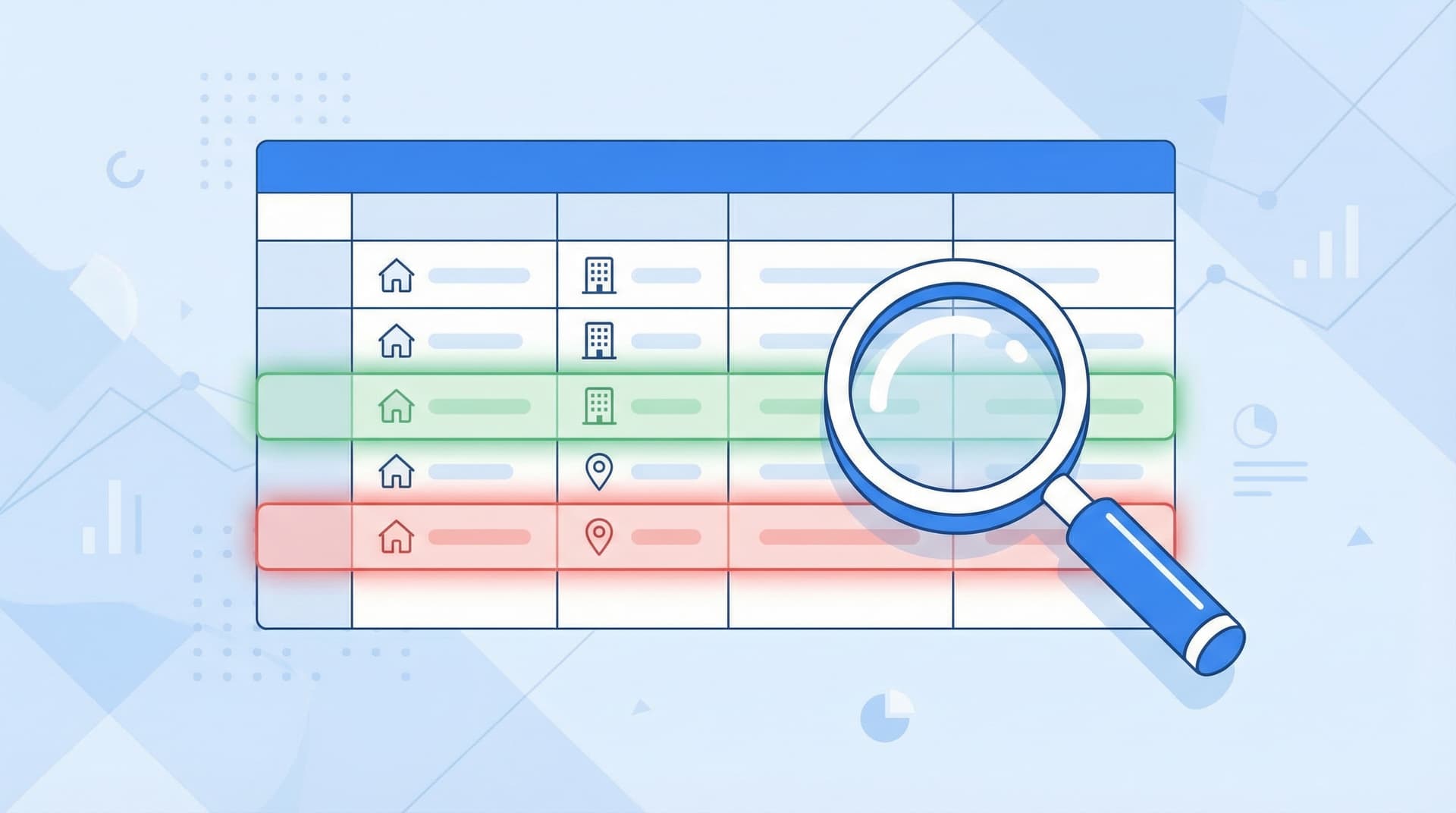 Excel spreadsheet with color-highlighted address duplicates and warning indicators for fuzzy matches