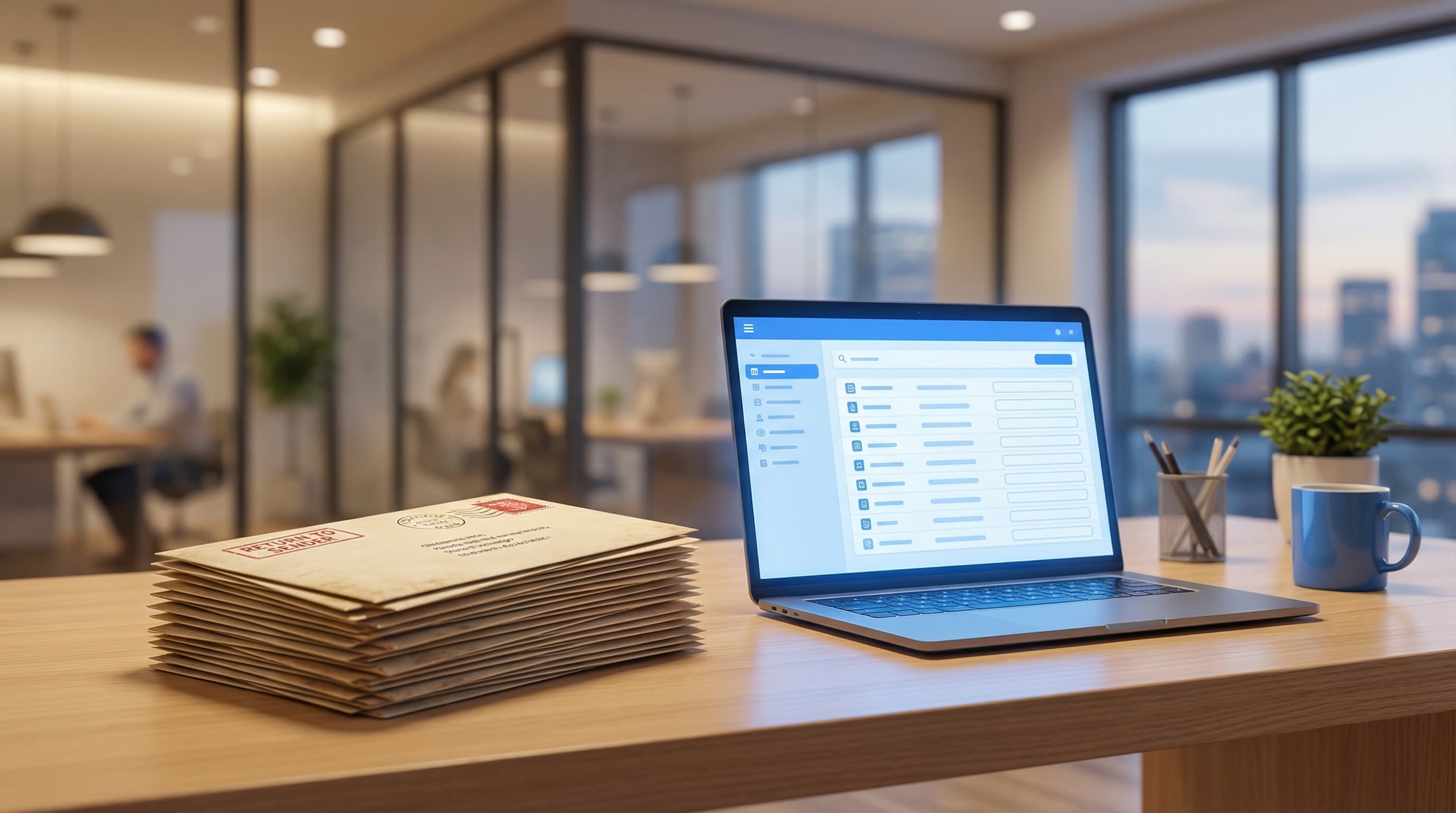 Stack of returned letters marked undeliverable next to a cleaned address list